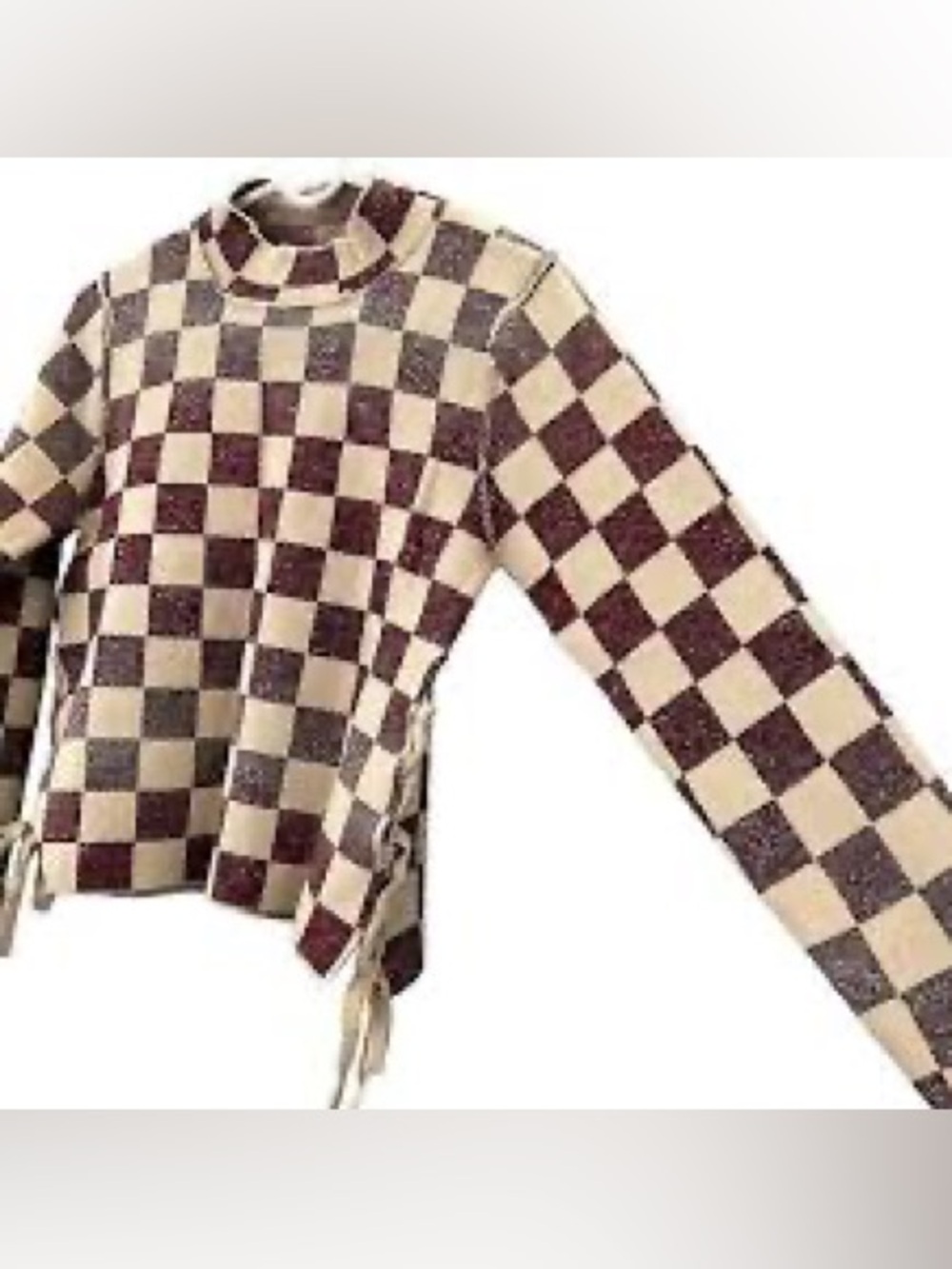 Gray beige checkerboard knit fringe long sleeve high neck crop casual pullover